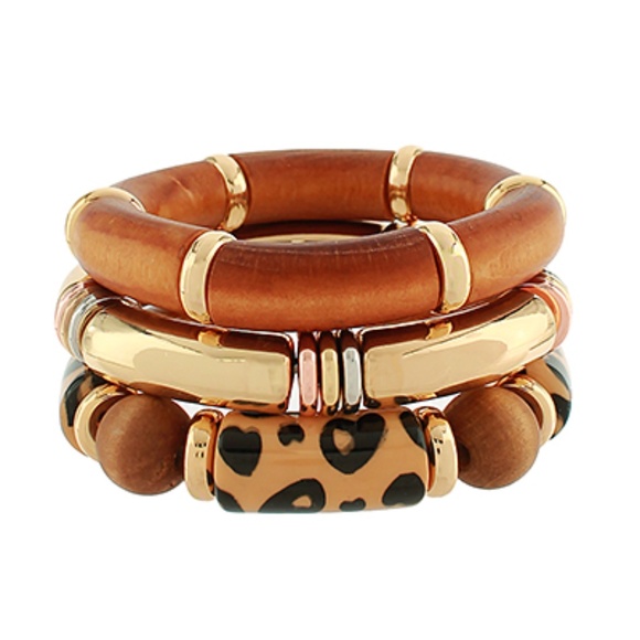 3 Row Wood Curved Cylinder & Ball Bracelet